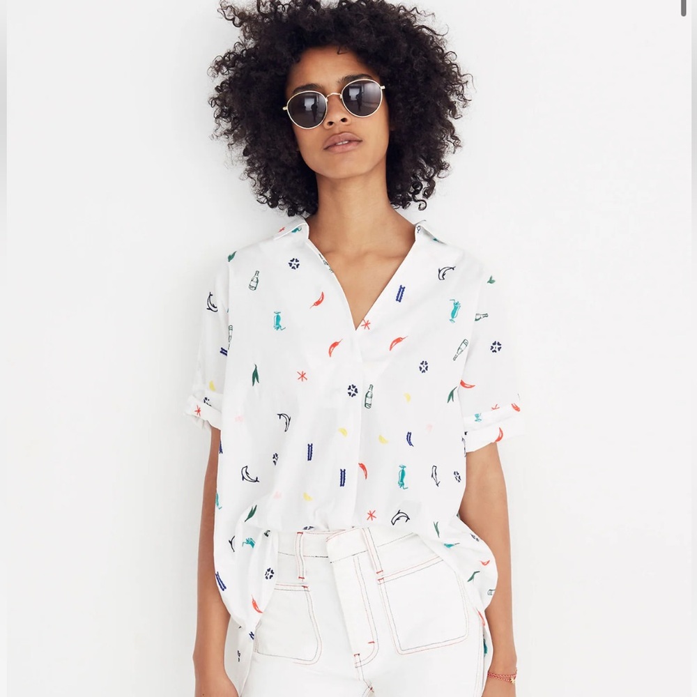 Madewell Summer Friday Embroidered Courier Button-Back Shirt, Size Large